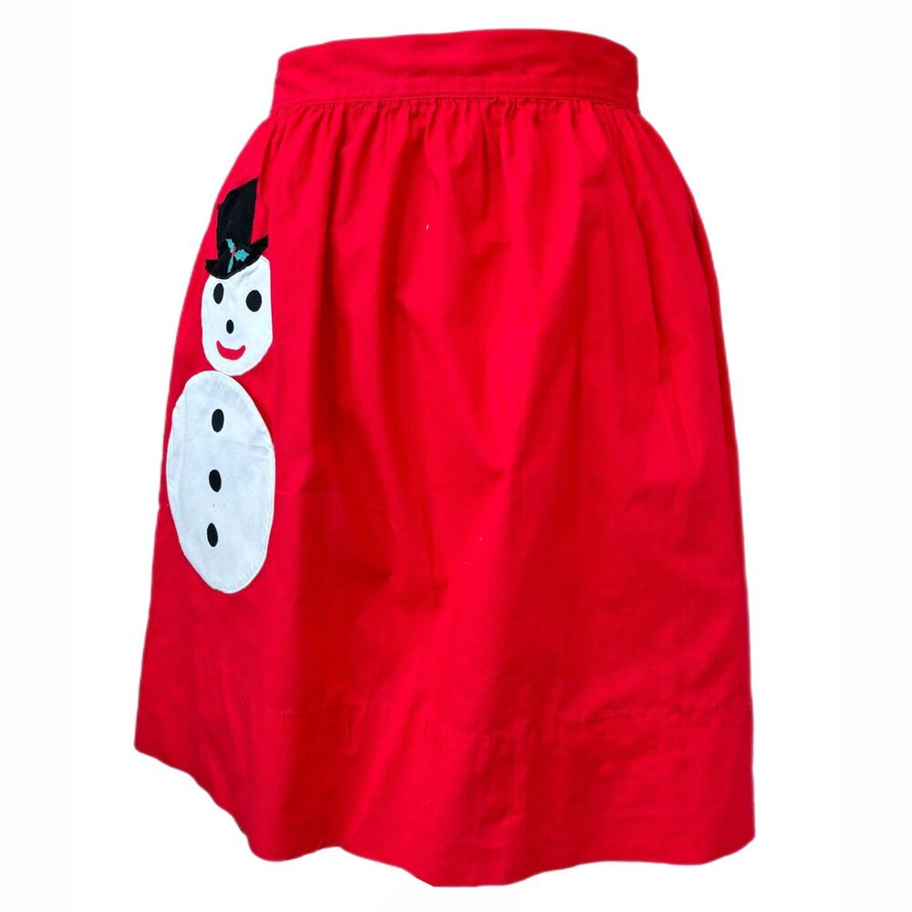Vintage Christmas Holiday Snowman Half Apron Red Entertaining 1970s Retro